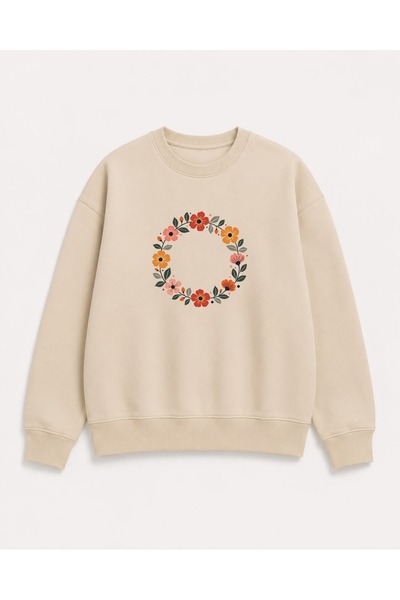 herkesemoda Ring Flowers Print Detailed Shirred 2 Thread Crew Neck Sweatshirt
