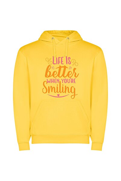 iLovePrints Smile Bright, Embrace Life Φούτερ με κουκούλα σε χρώμα Κίτρινο