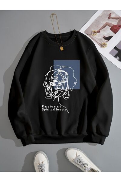 herkesemoda Portrait Printed Black 2 Thread Raster Crew Neck Sweatshirt