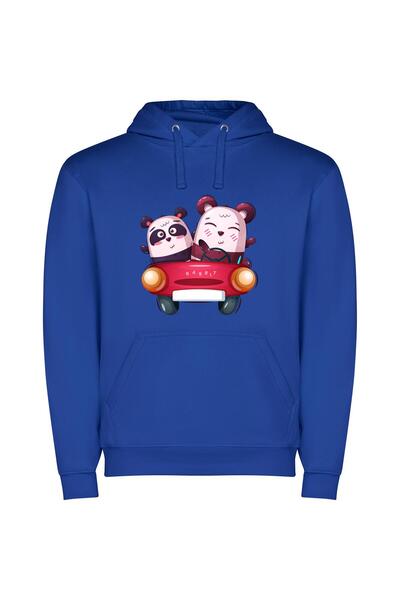 iLovePrints Pandas in Red Rides Φούτερ με κουκούλα σε χρώμα Μπλε