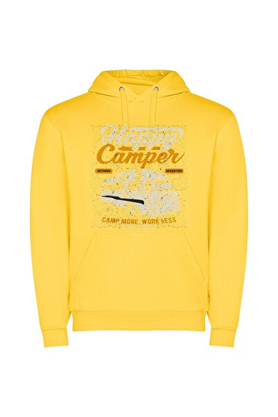 iLovePrints Camp Work, Vintage Style Φούτερ με κουκούλα σε χρώμα Κίτρινο