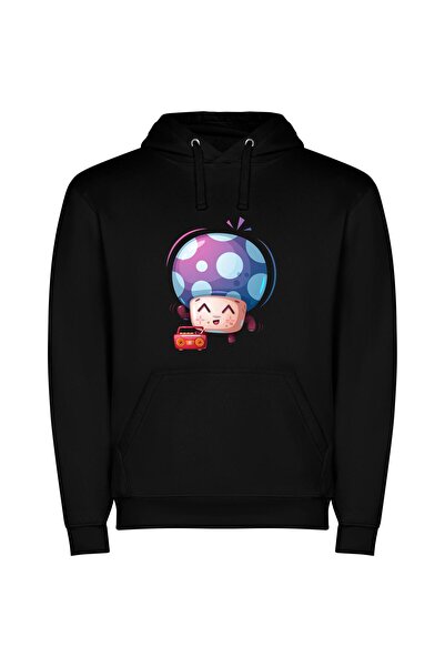 iLovePrints Digital Cuties: Radio & Ball Φούτερ με κουκούλα σε χρώμα Μαύρο