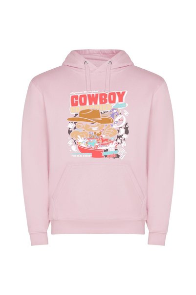 iLovePrints Cereal-Eating Cowboy: Western Comic Φούτερ με κουκούλα σε χρώμα Ροζ