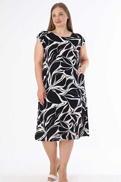 İntensive Women's Plus Size Black Patterned Viscose Dress with Pockets