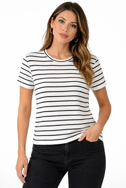 Gökyüzü Moda Striped Summer Knitwear T-Shirt Crew Neck Comfortable Fit T-Shir...
