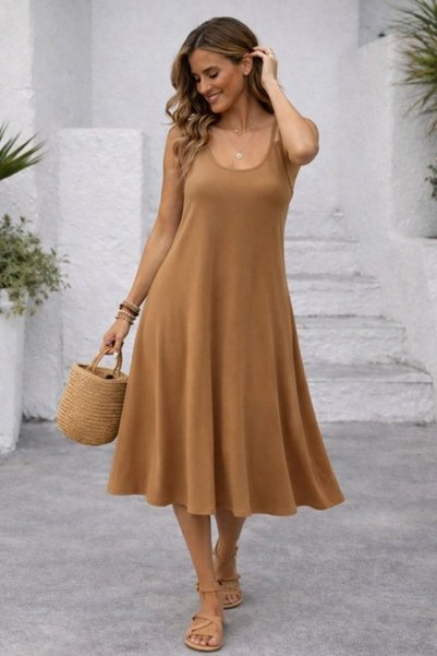 MODA ŞEHRİ Women's Strappy Round Neck Kiloş Long Viscose Dress
