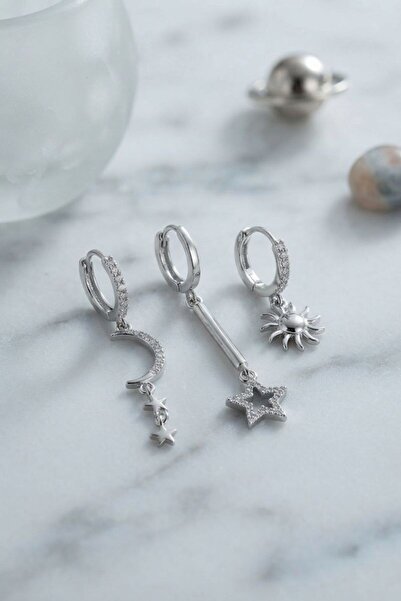 naque Set of 3 Moon, Star and Sun Model Silver Color Women's Earrings Tj-Bkp1...