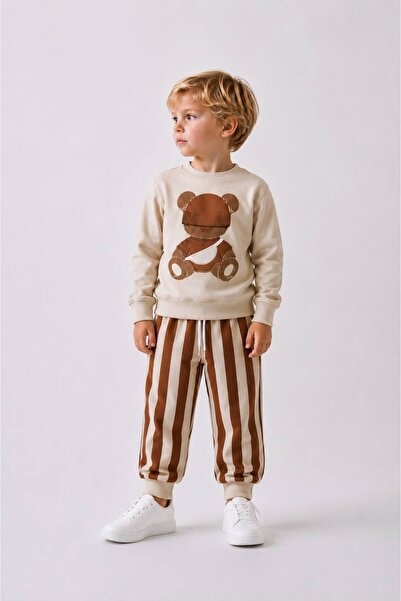 YİGİT BUTİK Boy's Teddy Bear Printed Striped Tracksuit Set 2-Piece Cotton Sea...
