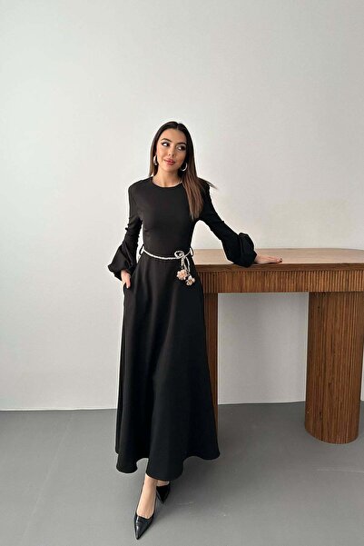 Moda Days فستان نسائي أسود طويل بأكمام بالون وجيوب وياقة دائرية