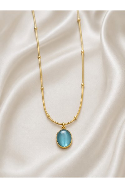 Gold zincirli taşlı mavi kolye