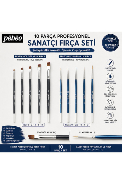 Pebeo Profesyonel Detay Fırça Seti 10'lu 200F Düz Kesik No:0-2-4-6-8 + 111 Yu...