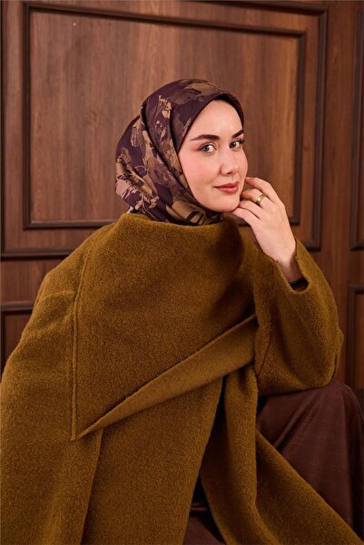 Silk Home Twill İpek Eşarp Koyu Bordo-Vizon Çiçek Desenli Tok Formlu Kaymaz 9...