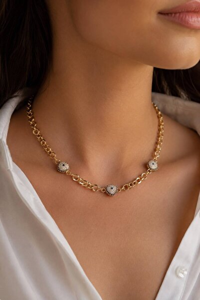 Valmont Gold Color Evil Eye Bead Detailed Zircon Stone Premium Women's Necklace