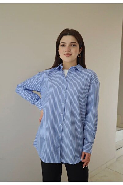 modahira Moda Hira Geniş Kesim Çizgili Uzun Gömlek Mavi Çizgili Tunik Uzun - ...