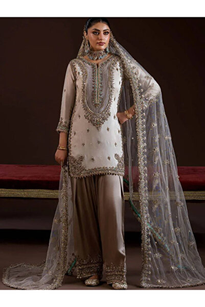MYSMAR White Crepe Silk Top Bottom & Dupatta - FFT7348 | White-Size:XL-42-Inches