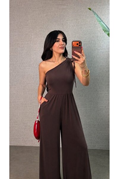 Generic Brand جمبسوت نسائي طويل واسع الأرجل بتفاصيل كشكشة على الكتف الواحد