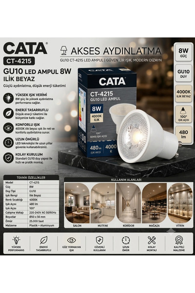 Cata CT-4215 8W GU10 Duy Ilık Beyaz LED Spot Ampul 4000K 480 Lumen - 10'lu Paket