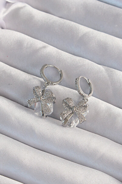 DMR Elegance Brass Silver Color Chunky Zircon Stone Bow Model Hoop Earrings