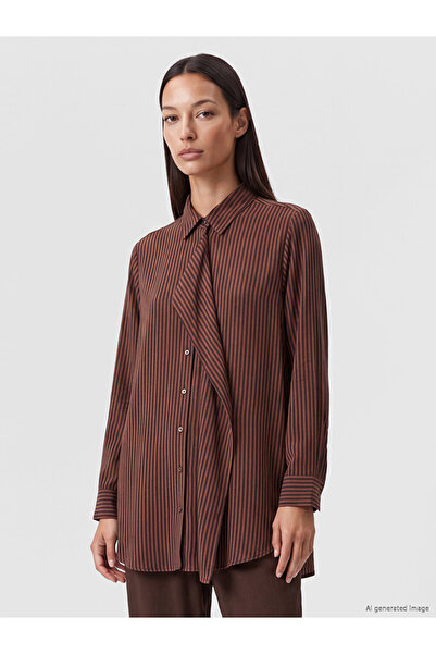 LC Waikiki Brown Tie Detailed Striped Women's Shirt Tunic