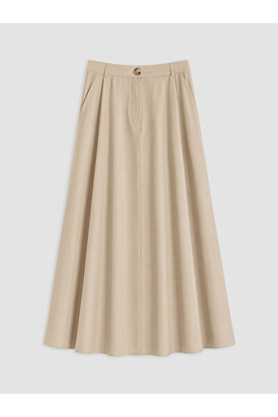 LC Waikiki Beige High-Waisted Pleated Flared Skirt