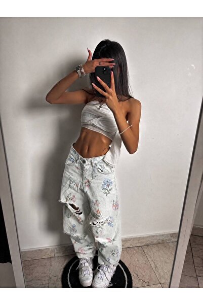DENİKK DESIGN SPECIAL TRENDY, DETALII TIRTIK TĂCĂTATE CU LASER, MODEL FLORAL, PANTALONI DIN DENIM CU FORMĂ LARGĂ