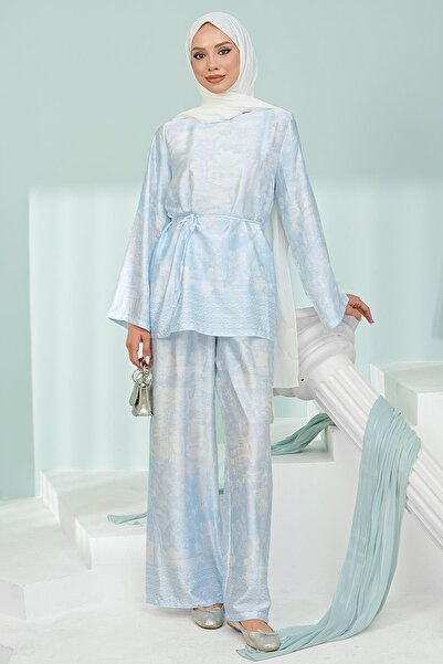 İmajButik Blue Patterned Tunic Trouser Suit