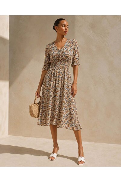 Modafeminen Desen2 V-Neck Waist Gipe Detailed Midi Length Dress 581412