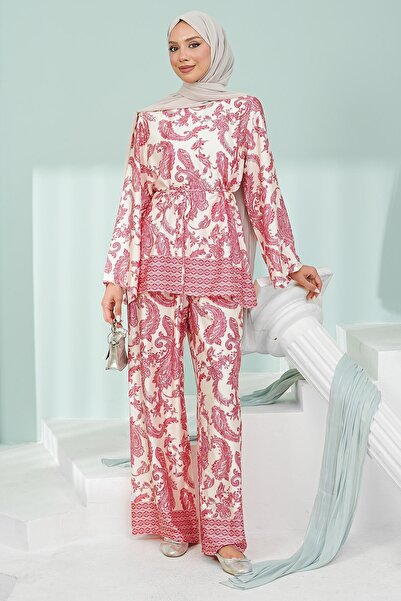 İmajButik Red Patterned Tunic Trouser Suit