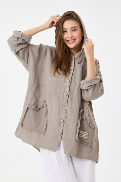 della moor Women's Mink Italian 100% Linen Hooded Foldable Long Sleeve Shirt Jacket 40 - 46 Size