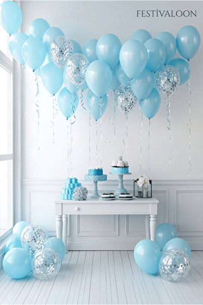 FESTİVALOON 20’li Makaron Mavi Gümüş Konfetili Şeffaf Balon Seti 11 İnç Doğum...