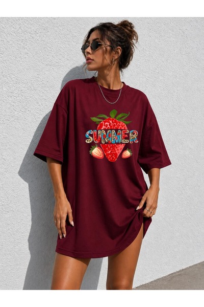 classy moda Women's Strawberry Printed Oversize Extra Long Tunic T-Shirt
