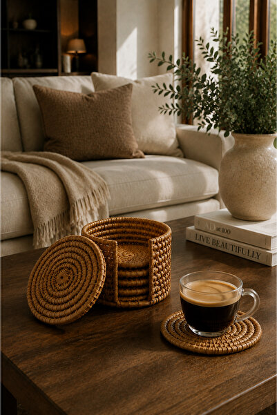 NATUREL DEKOR Rattan Kutulu 6'lı Bardak Altlığı Seti 10 cm, Bohem, Modern, Ba...