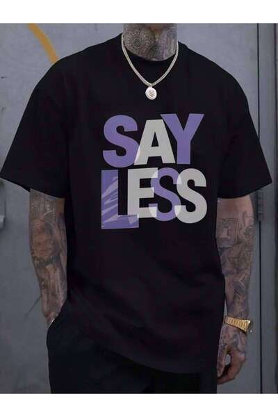 25W Men'S Black T-Shirt With Purple And White SAY LESS Print For Casual Wear