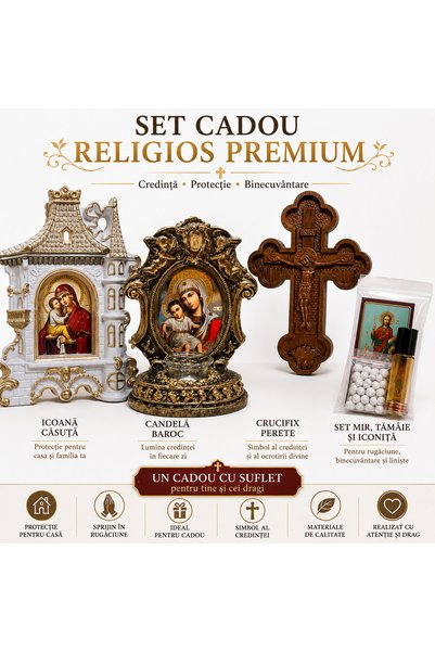 suflet si casa decor Set Cadou Religios Premium – Icoană Căsuță, Candelă Baroc, Crucifix de Perete, Set Mir, Tămâie și Iconiță