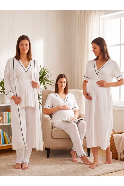 Lohusa Homewear New Season Ecru Piping Detailed Design with Easy Breastfeedin...