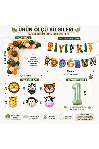 Bkmc Safari Doğum Günü Süsleri Seti 1-9 Yaş Balon Seti İyi Ki Doğdun Banner 36 cm Rakam Balon Parti Malzemeleri