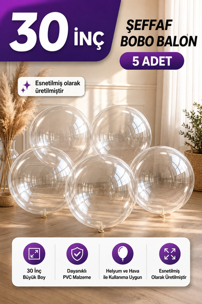 Organizasyon Pazarı 30 İnç Şeffaf BOBO Balon 5 Adet – Şeffaf Parti Balonu Doğ...