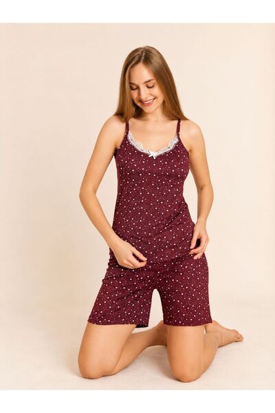 Neravia Kadın Yıldız Desenli Askılı Şortlu Pijama Takımı - Bordo