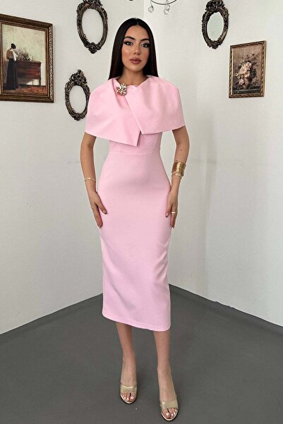 Moda Days Women's Pink Midi Pencil Dress with Cape, Single Buckle Lined Event...