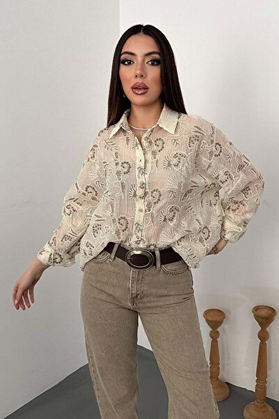 Clothes Fast Women's Brown Embroidered Oversize Shirt Collar Long Sleeve Butt...