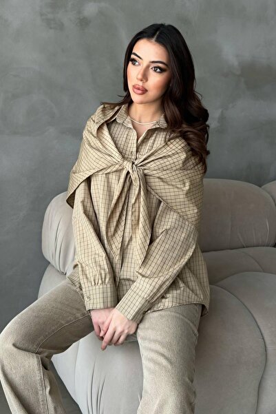 Clothes Fast Women's Camel Shirt with Plaid Pattern, Oversized, Shawl Detail,...