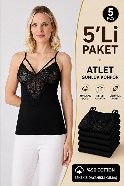 Altınay Women's 5-Pack Lace Detailed String Strap Tank Top - 90% Cotton