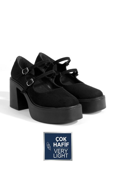 Modabuymus Double Strap Black Suede Mary Jane High Thick Platform Heeled Shoes Ciza