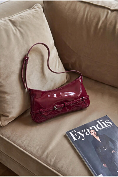 eyandis Women's Shiny Burgundy Patent Leather Belt Detailed Baguette Shoulder...