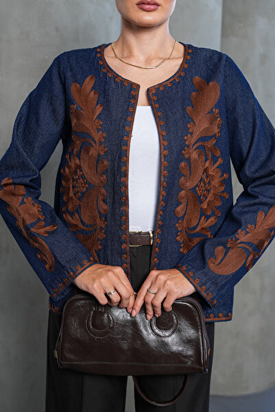 FancyWorld Desenli Nakış İşlemeli Vintage Kot Denim Premium Ceket