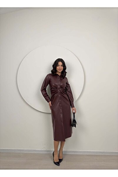 Moda Days Women's Burgundy - Bordo Faux Leather Shirt Collar Gathered Buttone...