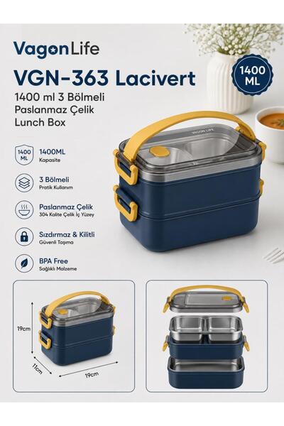 Vagonlife VGN-363 Lacivert 1400 ml 3 Bölmeli Paslanmaz Çelik Yemek Kabı (Lunc...