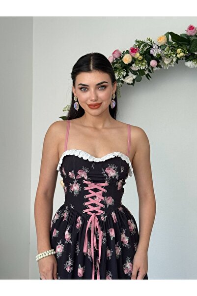 Moda Days Γυναικείο μαύρο φόρεμα με φλοράλ σχέδιο, με τιράντες, δαντέλα και γ...