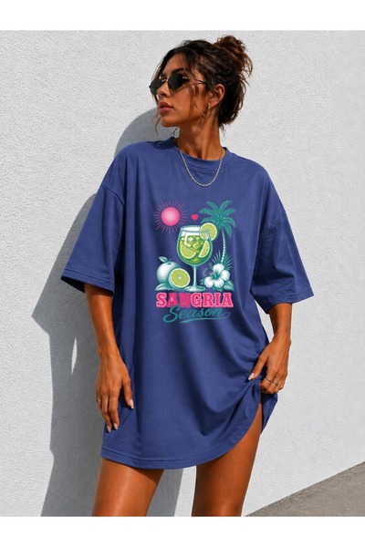 classy moda Tricou tunică supradimensionat, extra lung, cu imprimeu de vară ș...