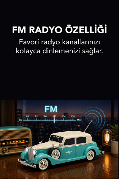 Teknoloji Gelsin Retro Bluetooth Hoparlör 10W Vintage Araba Tasarımlı FM Radyo USB TF Kart Destekli Tws Stereo